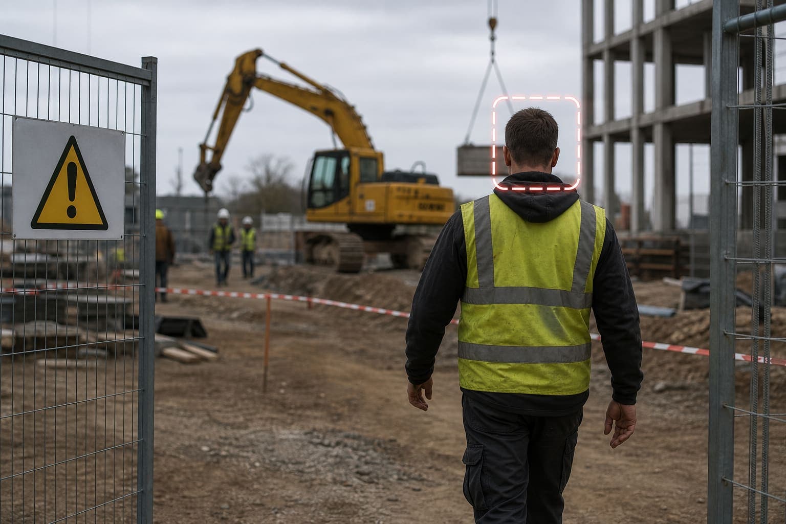 Canteiro de obras com visão computacional detectando risco de EPI e proximidade de máquinas