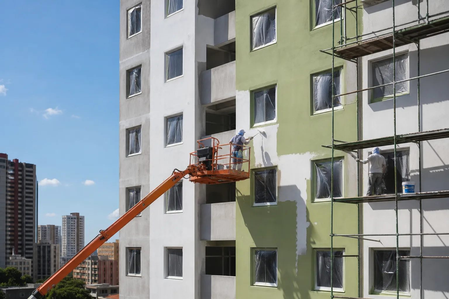 Plataforma elevatória em pintura de fachada de edifício residencial