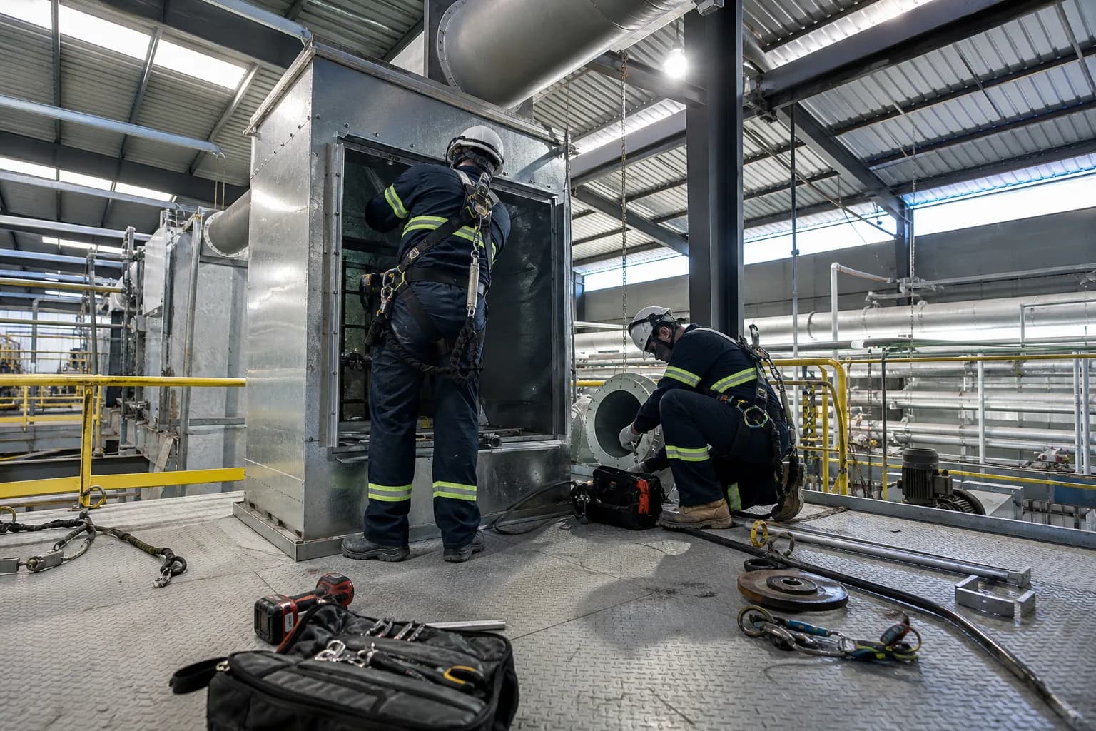 Plataforma elevatória em manutenção industrial sob estrutura de galpão