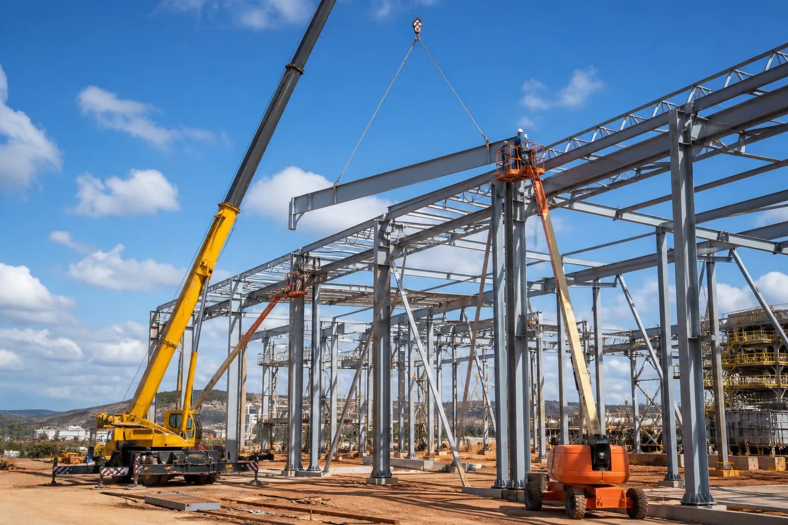Montagem de estrutura metálica com guindaste e plataformas em canteiro industrial