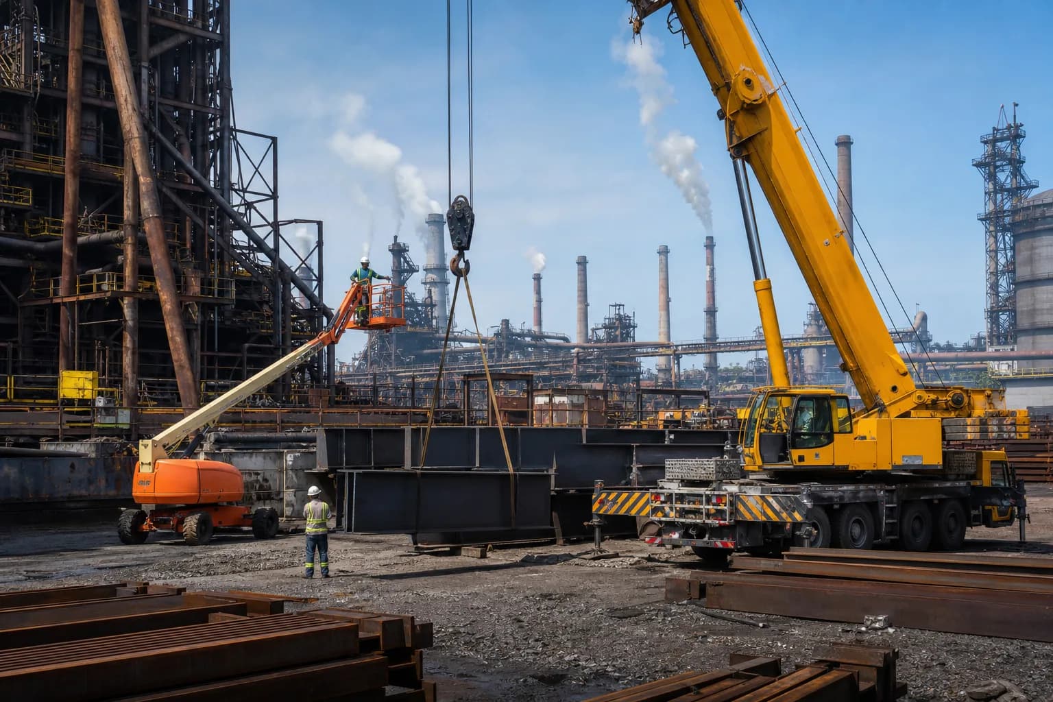Guindaste industrial em pátio de usina siderúrgica durante manutenção